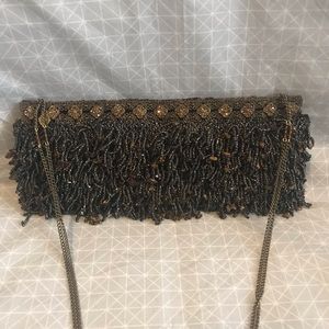 Clara Kasavina Pewter Brown Fringe Beaded Bag